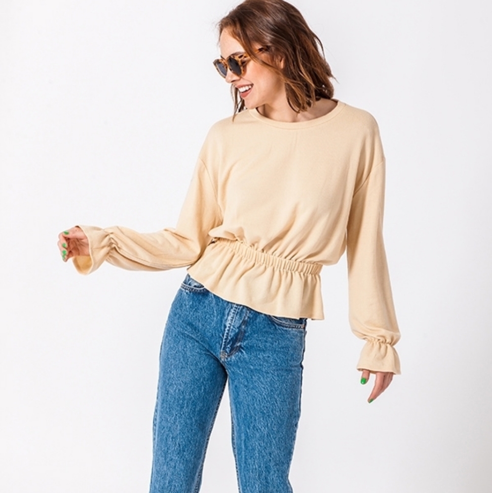 2FOR$30 - Puffy Sleeve Elasticized Waist Cream Blouse, S - Picture 3 of 6